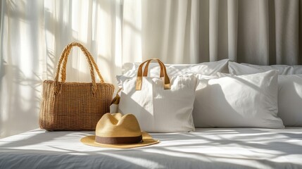 Aufkleber - Bright airy hotel suite with travel bags and hat placed casually on bed, capturing holiday relaxation