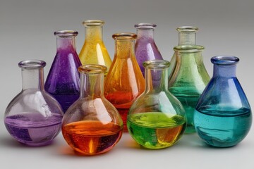 Poster - Colorful collection of glass vials filled with various liquids arranged on a neutral background