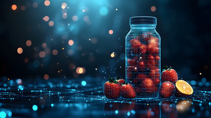 Aufkleber - Digitally rendered fruits showcase a futuristic twist. A wireframe jar overflows with red berries, alongside a halved orange, all on a blue grid. Abstract wireframe in dark blue.