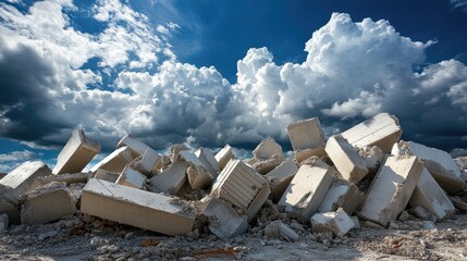 Poster - Chaotic construction site featuring concrete debris under a cloudy sky