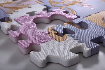 Poster - Colorful puzzle pieces in intricate designs laid out on a surface with soft lighting