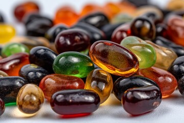 Poster - Colorful assortment of jelly beans displayed on a white surface in a close-up view during daylight