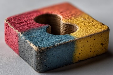 Poster - Colorful wooden puzzle piece displaying creative craftsmanship on a neutral surface