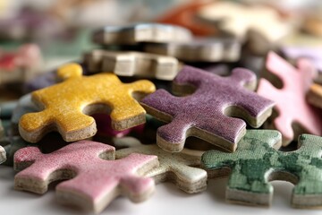 Poster - Colorful puzzle pieces scattered on a surface, showcasing various designs and textures in close-up view