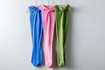Aufkleber - Colorful knitted leg warmers hanging on a rack for fashion display in a cozy setting