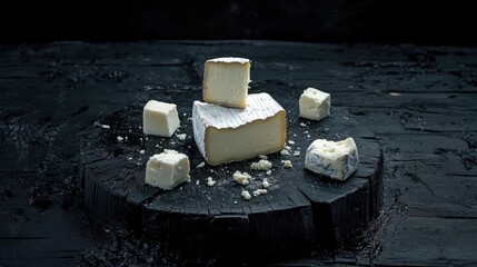 Poster - Close-up of mixed cheeses on a textured black wooden table, perfect for food advertising or menus