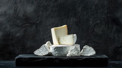 Poster - Close-up of mixed cheeses on a textured black wooden table, perfect for food advertising or menus