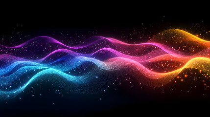 Poster - Rainbow lines converge at the horizon, glowing in neon against a black backdrop, creating a dynamic wave pattern that merges illusions, technology, and synergy for a futuristic design