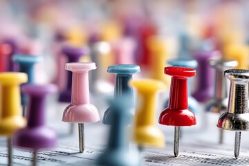 Poster - Colorful push pins arranged on a surface with a blurred background creating a vibrant visual effect