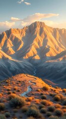 Poster - 夕焼けの砂漠の山の風景 鮮やかなオレンジ色の光 荒涼とした丘陵地帯の遠景と雲の背景