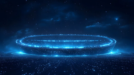 Leinwandbilder - Futuristic stadium bathed in ethereal blue light against a cosmic backdrop. A vast, illuminated structure evokes a sense of wonder and scale. Abstract wireframe in dark blue.