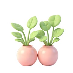 Aufkleber - ピンクの鉢に植えられた2つの明るい緑色の植物 白い背景に隔離されたソフトで鮮やかな色のシンプルなデザインオブジェクト