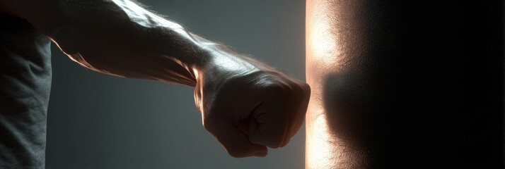 Aufkleber - Impacting a Punching Bag With a Powerful Fist During an Intense Workout Session in a Dimly Lit Training Area