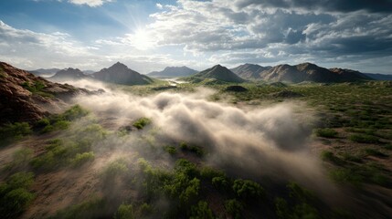 Poster - Desert mountain range blurred by swirling dust clouds under intense sunlight, dramatic natural forces