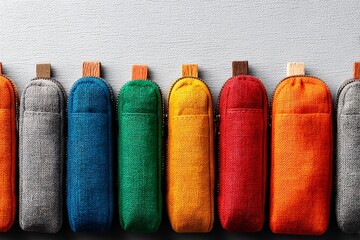 Aufkleber - Colorful fabric pouches arranged in a neat row on a textured surface showcasing vibrant designs and handcrafted details