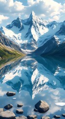 Poster - 雪を頂いた山々の峰が湖に映る絶景 岩が点在する静かな湖畔の風景 青空が広がる自然豊かな高山の湖 日本アルプスの山岳風景