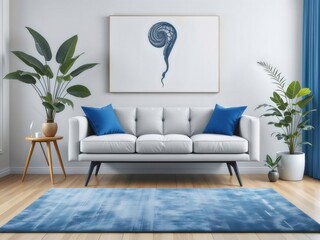 Aufkleber - 青いラグとクッションを備えた白いソファのあるモダンなリビングルーム、壁にはアート作品、明るい自然光、植物が快適でスタイリッシュな空間を作り出しています