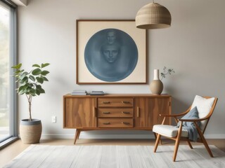 Aufkleber - 木製のアクセントテーブルと抽象的なアートワークが飾られたニュートラルなリビングルーム モダンな椅子 木製の床 観葉植物 柔らかな自然光が差し込む窓