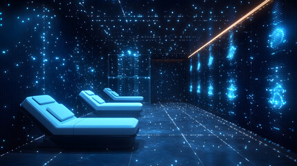 Poster - Futuristic relaxation zone featuring a grid-patterned digital environment. Sleek lounge chairs invite respite amidst the glowing orbs and linear lights. Abstract wireframe in dark blue.
