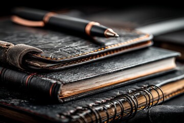 Poster - Elegant leather journals with a pen displayed on a dark wooden surface