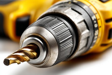 Poster - Close-up view of a power drill with a twisted drill bit ready for work on a workshop table