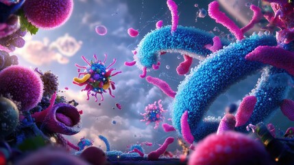 Poster - Fantasy microscopic landscape with vibrant blue and pink viruses swirling in soft light