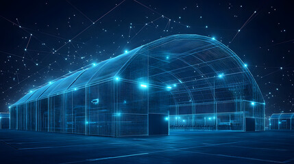 Fototapete - Futuristic warehouse concept visualized in deep blue. Wireframe design with network background suggesting advanced storage tech. Scattered lights add focus. Abstract wireframe in dark blue