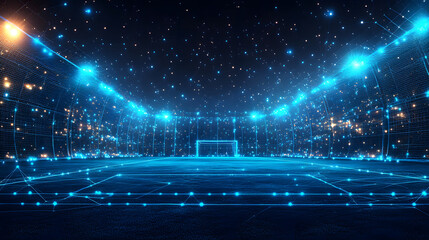 Aufkleber - Futuristic soccer stadium concept art. Digital rendering showcases a wireframe field, glowing stands, and star-filled night sky. Modern, abstract design. Abstract wireframe in dark blue