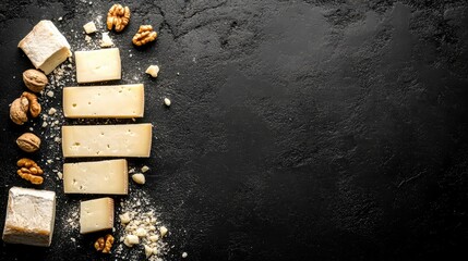 Poster - Flat lay of cheese slices and whole nuts, beautifully displayed on black rustic background