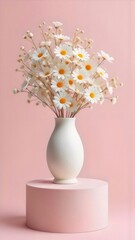 Aufkleber - ピンクの背景に白いセラミックの花瓶に入ったデイジーの花束の静止画