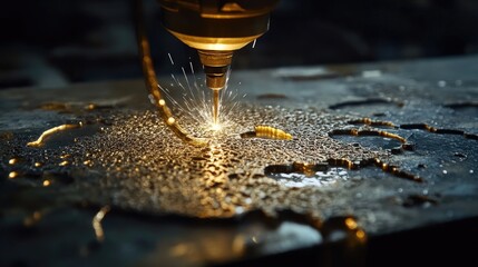 Aufkleber - Industrial-grade laser beam engraving complex patterns into metal with glowing sparks, sharp closeup