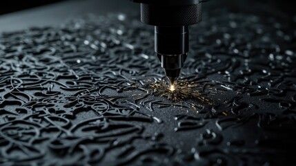 Aufkleber - Industrial-grade laser beam engraving complex patterns into metal with glowing sparks, sharp closeup