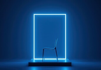 Poster - A modern chair sits in front of a glowing neon rectangle in a blue monochromatic room