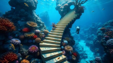 Aufkleber - 水中のサンゴ礁を昇る階段と海洋生物の冒険 水色の背景にファンタジーの世界観