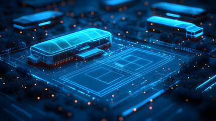 Fototapete - Futuristic cityscape featuring a glowing blue wireframe arena and tennis court. High-tech design elements create a simulated environment, enhanced by orange accents. Abstract wireframe in dark blue