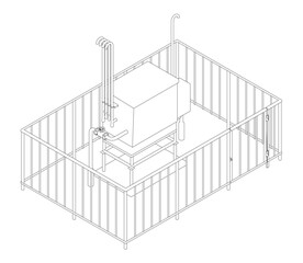 Poster - A drawing of a Gas distribution station. The building is surrounded by a fence. Isometric view. 3D