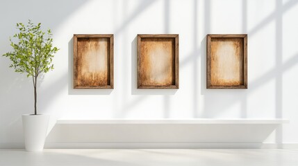 Poster - Minimalist decor: blank wooden frames on a white shelf under natural light