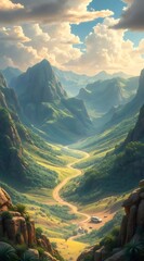 Poster - 緑豊かな渓谷の壮大な眺めと曲がりくねった道 晴れた日の壮大な山の風景と青い空と白い雲 岩場の地形と緑の植生