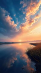 Poster - 劇的な夕焼けの空と雲が水に映る海岸の風景のパノラマの眺め