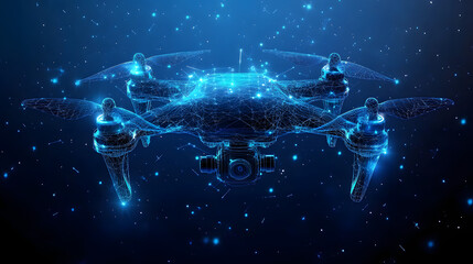 Aufkleber - Futuristic drone design featuring a blue wireframe model floating in a dark blue space with star-like specks. High-tech camera and propellers are visible. Abstract wireframe in dark blue
