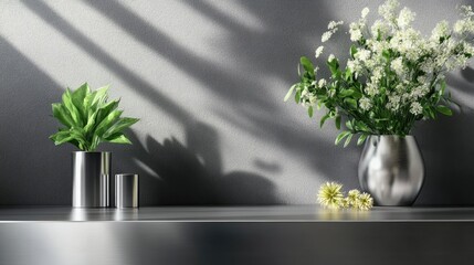 Aufkleber - Modern stainless steel tabletop mockup with minimal reflections and neutral gray background