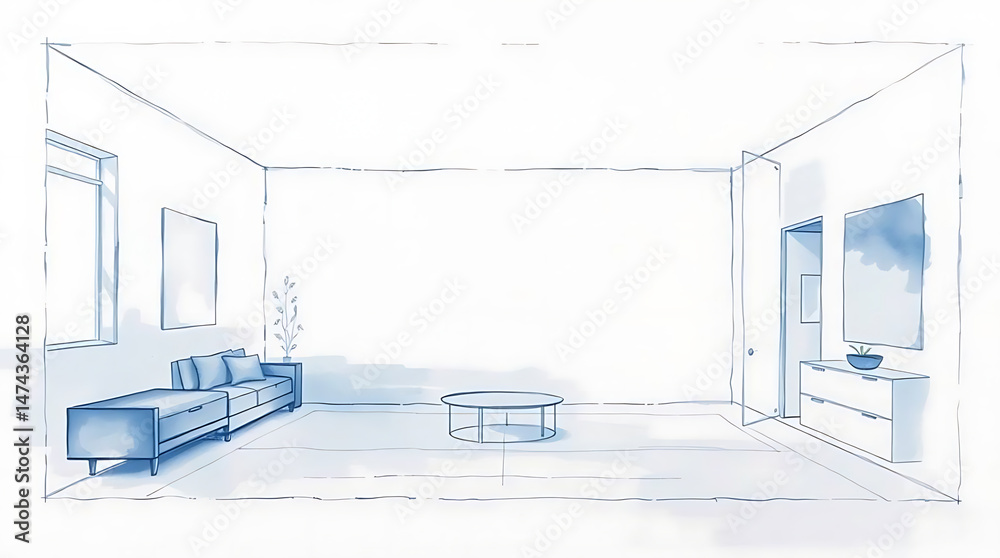 Cozy living room interior design sketch with modern furniture layout ...