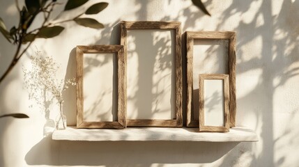 Poster - Natural wood frames on a bright white shelf with warm morning sunlight flooding the scene