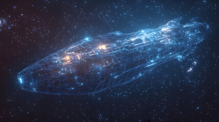 Poster - Futuristic spaceship navigates the cosmos, its wireframe structure illuminated with vibrant blue and orange lights. A stunning visual of interstellar travel. Abstract wireframe in dark blue