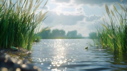 Poster - 太陽光が輝く水面と緑の草が生い茂る穏やかな川の風景 静けさと自然美が調和した背景