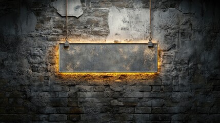 Poster - Rectangular glass signage mockup on an industrial brick wall with realistic lighting