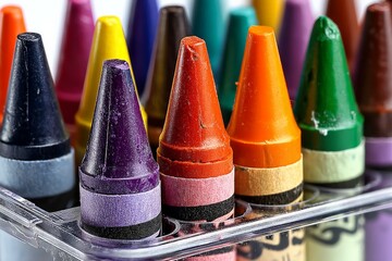Poster - Bright and colorful crayons arranged neatly in a transparent box for arts and crafts activities