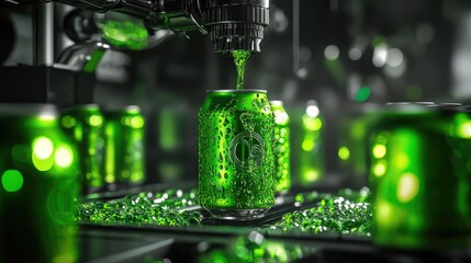 Aufkleber - Robotic systems managing the filling and sealing of green beer cans in a clean factory