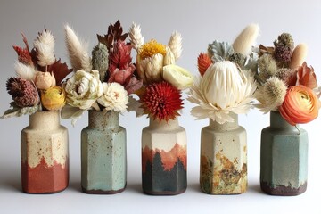 Poster - Unique ceramic vases filled with colorful dried flowers in a minimalist arrangement in soft lighting