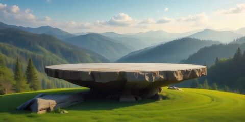 Poster - 穏やかな緑の丘陵地帯と岩の台座のステージ、晴れた日の風景、屋外の背景、平和な高地の風景